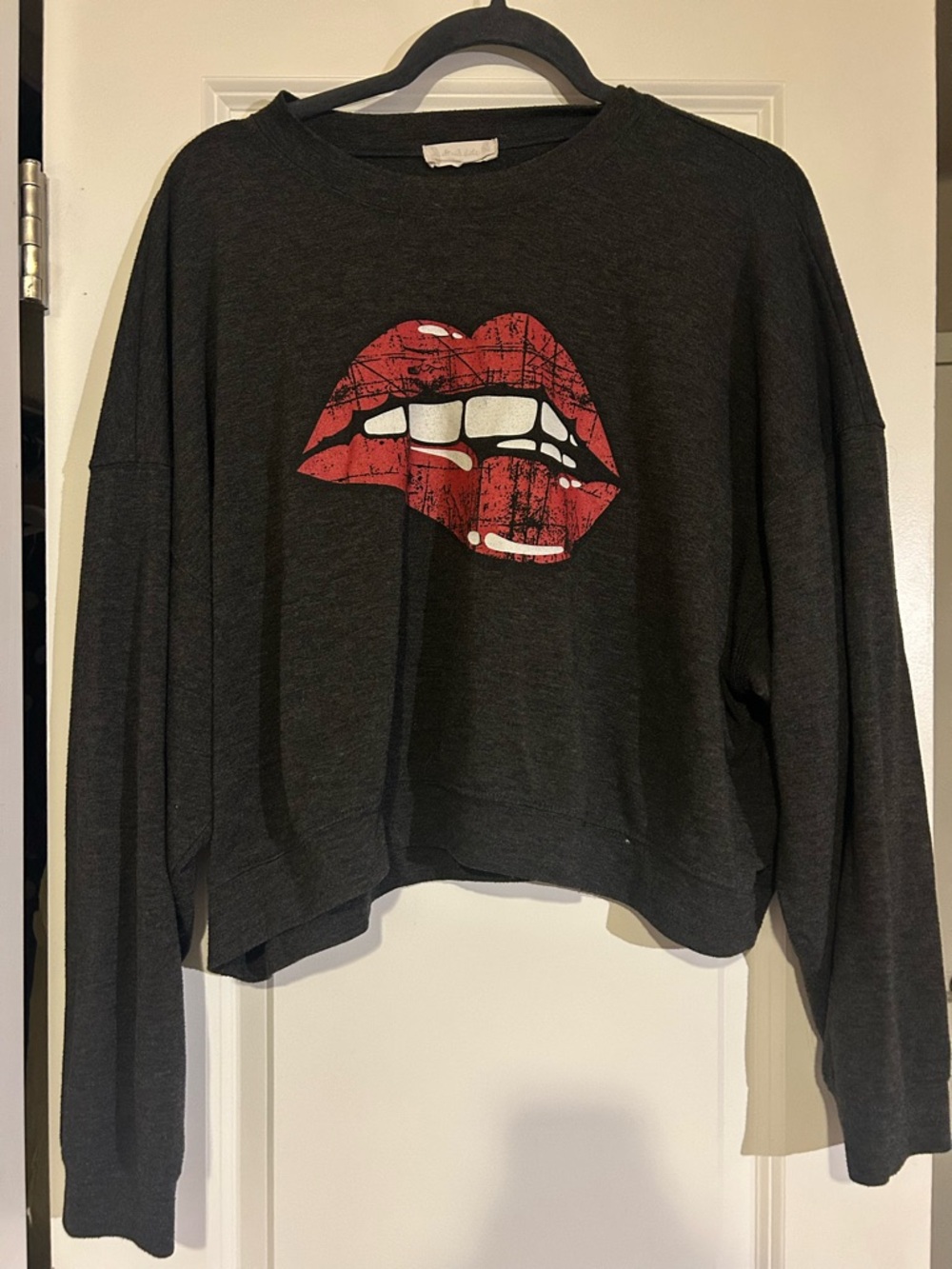Altar'd State Charcoal Pullover with Red Lip Graphic